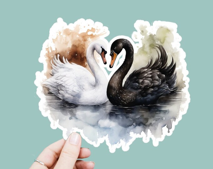 Watercolor Yin Yang Swans Vinyl Decal, Satin Finish Boho Animal Birds Sticker, Laptop Sticker, Window Decal, Water Bottle Decal, 4 Sizes