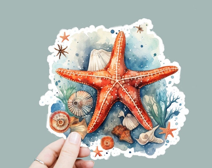 Watercolor Starfish Decal, Satin Finish Sticker, Boho Underwater Ocean Sticker Laptop Sticker, Window Decal, Water Bottle Decal, 4 Sizes