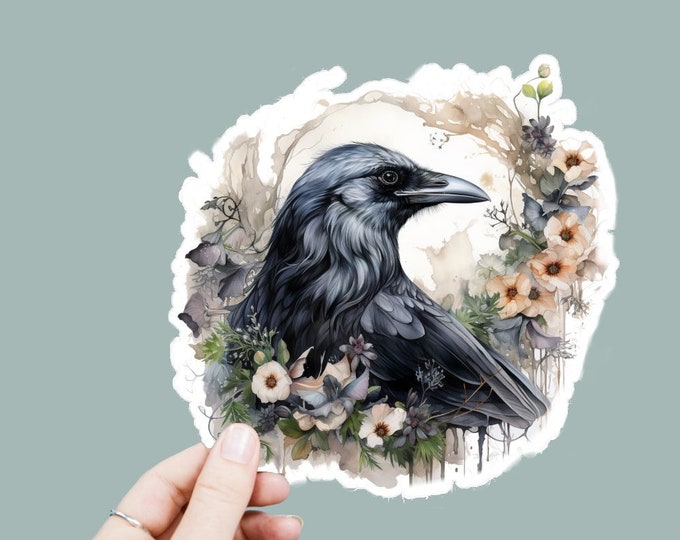 Watercolor Raven Crow Decal, Satin Finish Sticker, Boho Flowers Bird Sticker Laptop Sticker, Window Decal, Water Bottle Decal, 4 Sizes