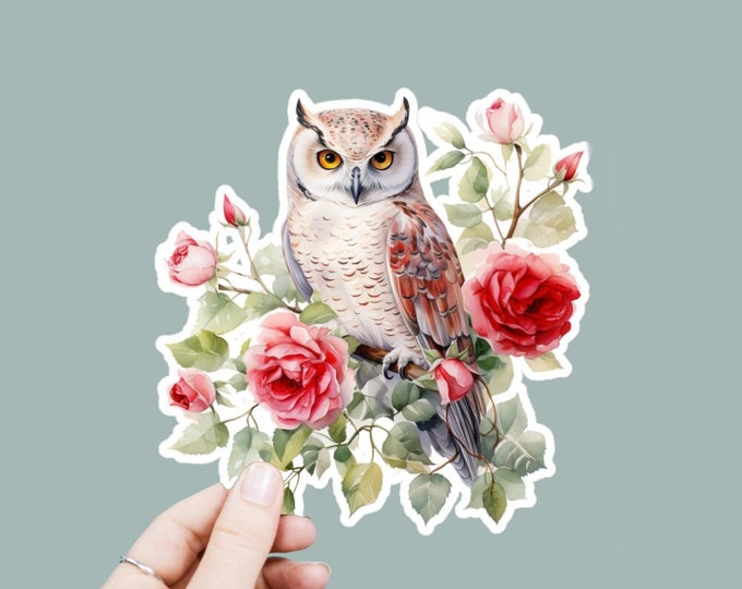 Watercolor Owl Roses Floral Decal, Satin Finish Sticker, Boho Witchy Sticker Laptop Sticker, Window Decal, Water Bottle Decal, 4 Sizes