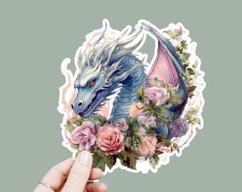 Floral Dragon Vinyl Decal, Satin Finish Sticker, Boho Fantasy Mythical Dragon Laptop Sticker, Window Decal, Water Bottle Decal, 4 Sizes