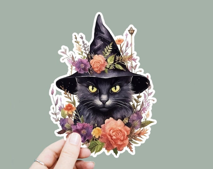 Witchy Black Cat Vinyl Decal, Satin Finish Sticker, Floral Black Cat Laptop Sticker, Window Decal, Water Bottle Decal, 4 Sizes to Choose