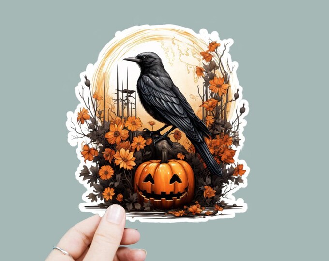 Watercolor Crow With Jackolantern Decal, Satin Finish Sticker, Boho Witchy Sticker Laptop Sticker, Window Decal, Water Bottle Decal, 4 Sizes