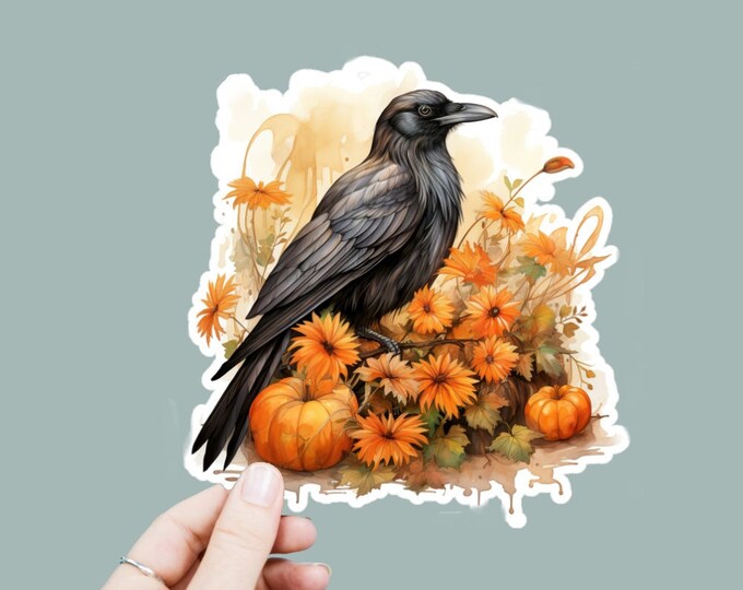 Watercolor Crow Harvest Pumpkins Decal, Satin Finish Sticker, Boho Witchy Sticker Laptop Sticker, Window Decal, Water Bottle Decal, 4 Sizes