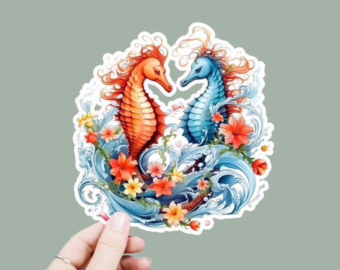 Underwater Seahorses Vinyl Decal, Satin Finish Boho Seahorse Sticker, Laptop Sticker, Window Decal, Water Bottle Decal, 4 Sizes