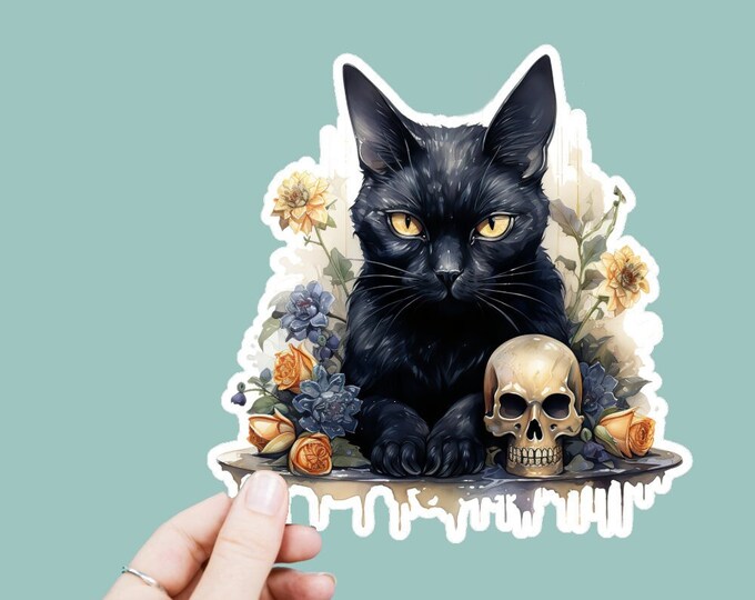Watercolor Black Cat With Skull Vinyl Decal, Satin Finish Boho Animal Cat Sticker, Laptop Sticker, Window Decal, Water Bottle Decal, 4 Sizes