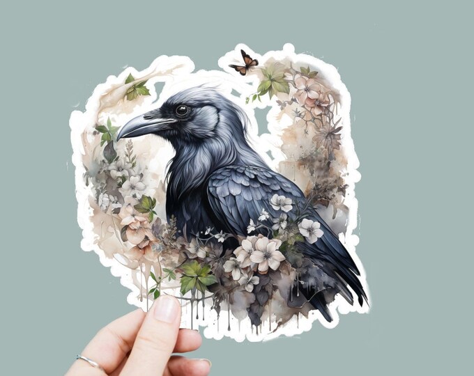 Watercolor Raven Crow Decal, Satin Finish Sticker, Boho Floral Bird Sticker Laptop Sticker, Window Decal, Water Bottle Decal, 4 Sizes