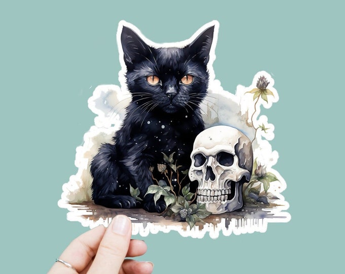 Watercolor Black Cat With Skull Vinyl Decal, Satin Finish Boho Animal Cat Sticker, Laptop Sticker, Window Decal, Water Bottle Decal, 4 Sizes