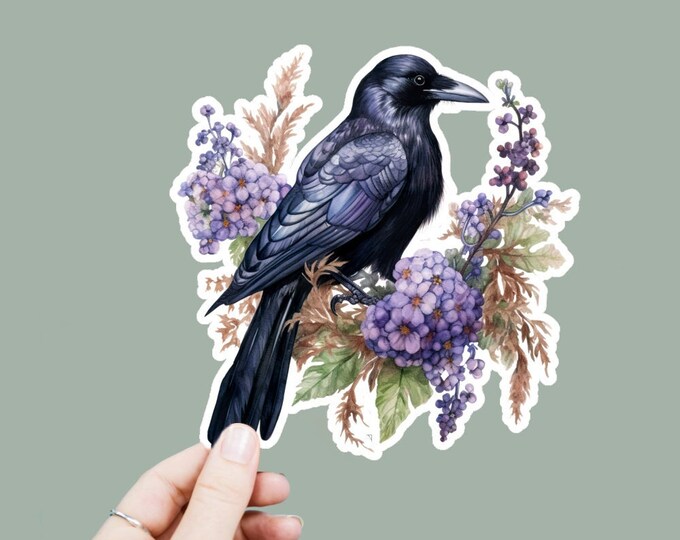 Witchy Raven Vinyl Decal, Satin Finish Sticker, Floral Black Raven Bird Laptop Sticker, Window Decal, Water Bottle Decal, 4 Sizes to Choose