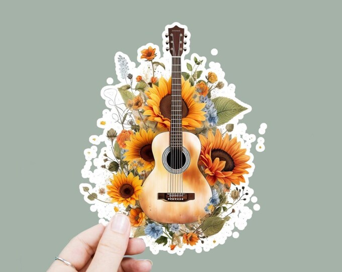 Hippie Guitar Vinyl Decal, Satin Finish Sticker, Boho Floral Music Guitar Laptop Sticker, Window Decal, Water Bottle Decal, 4 Sizes