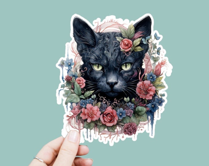 Watercolor Floral Black Cat Vinyl Decal, Satin Finish Boho Animal Cat Sticker, Laptop Sticker, Window Decal, Water Bottle Decal, 4 Sizes