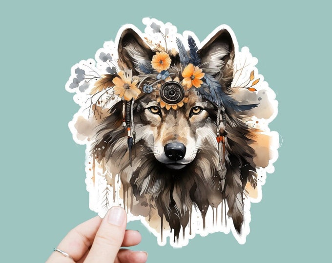 Watercolor Hippie Wolf Vinyl Decal, Satin Finish Boho Animal Wolf Sticker, Laptop Sticker, Window Decal, Water Bottle Decal, 4 Sizes
