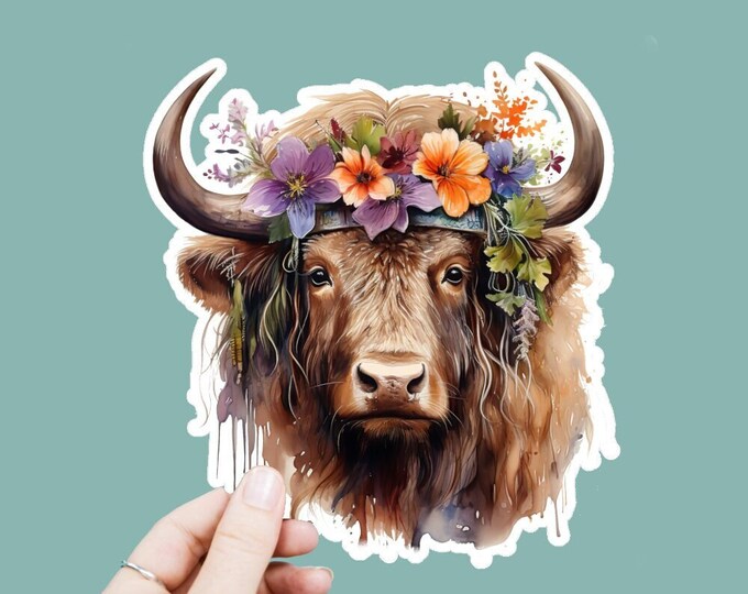 Watercolor Hippie Buffalo Vinyl Decal, Satin Finish Boho Animal Sticker, Laptop Sticker, Window Decal, Water Bottle Decal, 4 Sizes