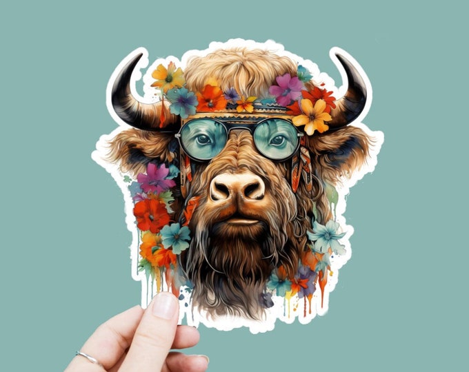 Watercolor Hippie Buffalo Vinyl Decal, Satin Finish Boho Animal Sticker, Laptop Sticker, Window Decal, Water Bottle Decal, 4 Sizes