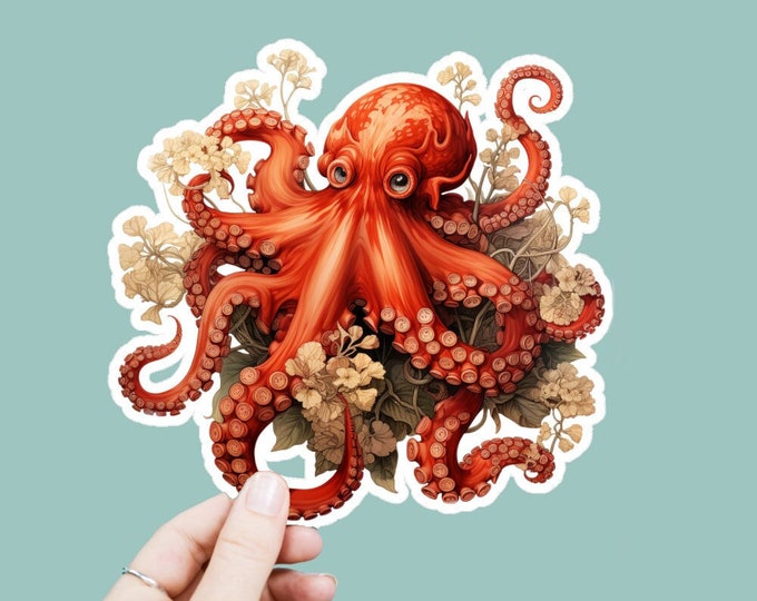 Watercolor Octopus Flowers Vinyl Decal, Satin Finish Boho Ocean Animal Sticker, Laptop Sticker, Window Decal, Water Bottle Decal, 4 Sizes