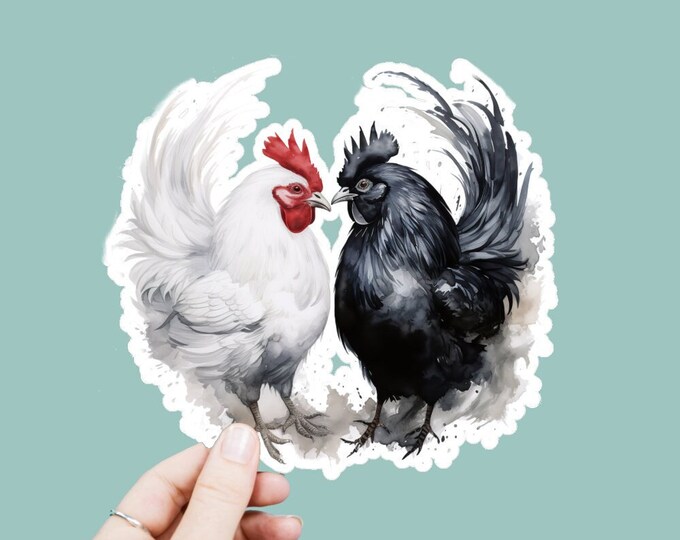 Watercolor Yin Yang Chickens Vinyl Decal, Satin Finish Boho Roosters Sticker, Laptop Sticker, Window Decal, Water Bottle Decal, 4 Sizes