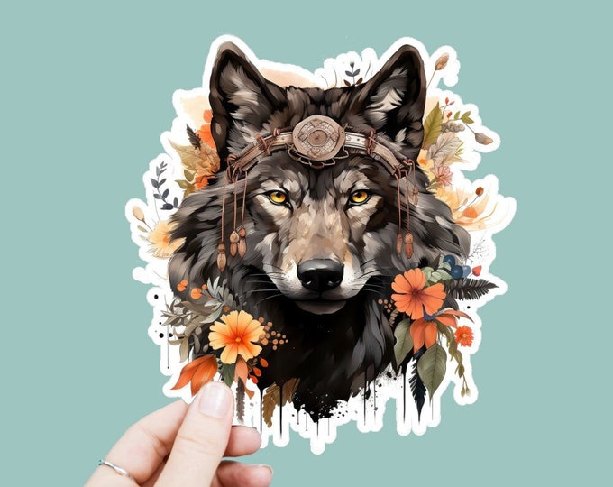 Watercolor Wolf Flowers Vinyl Decal, Satin Finish Boho Hippie Wolf Sticker, Laptop Sticker, Window Decal, Water Bottle Decal, 4 Sizes