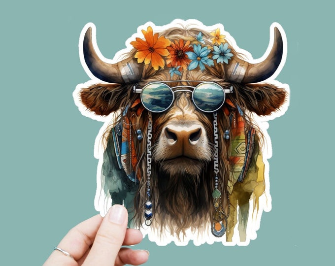 Watercolor Hippie Buffalo Vinyl Decal, Satin Finish Boho Animal Sticker, Laptop Sticker, Window Decal, Water Bottle Decal, 4 Sizes