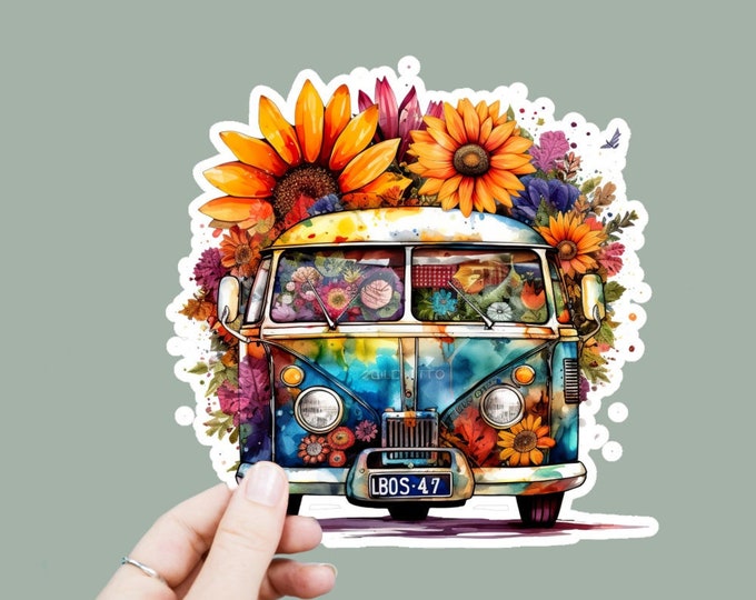 Hippie Van Bus Vinyl Decal, Satin Finish Sticker, Boho Floral Hippy Bus Laptop Sticker, Window Decal, Water Bottle Decal, 4 Sizes