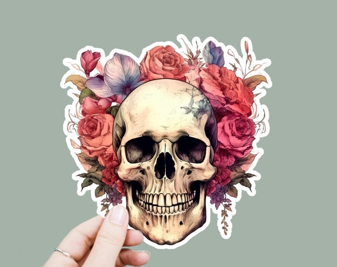 Floral Skull Vinyl Decal, Satin Finish Sticker, Floral Boho Skull Laptop Sticker, Window Decal, Water Bottle Decal, 4 Sizes to Choose