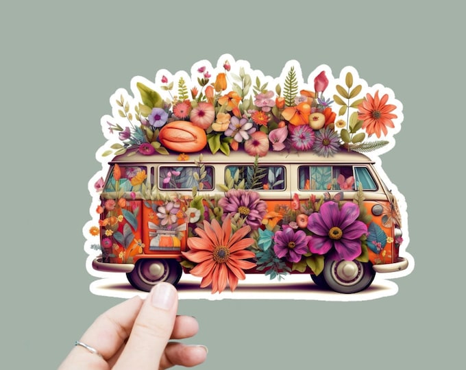 Hippie Van Bus Vinyl Decal, Satin Finish Sticker, Boho Floral Hippy Bus Laptop Sticker, Window Decal, Water Bottle Decal, 4 Sizes