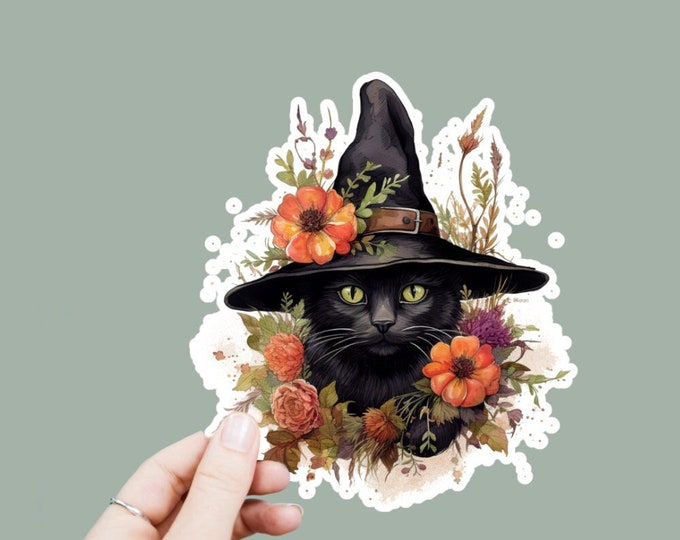 Witchy Black Cat Vinyl Decal, Satin Finish Sticker, Floral Black Cat Laptop Sticker, Window Decal, Water Bottle Decal, 4 Sizes to Choose