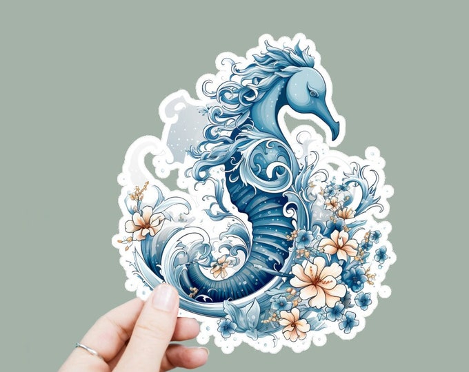 Underwater Seahorse Vinyl Decal, Satin Finish Boho Floral Seahorse Sticker, Laptop Sticker, Window Decal, Water Bottle Decal, 4 Sizes