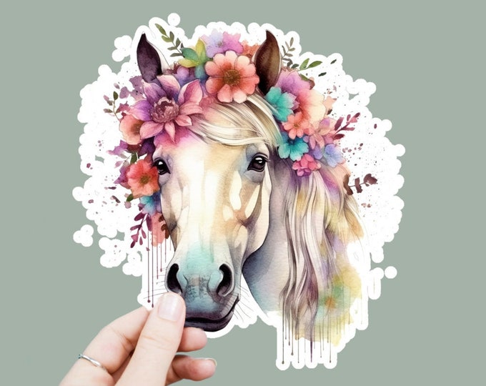 Watercolor Horse Vinyl Decal, Satin Finish Boho Floral Horse Sticker, Laptop Sticker, Window Decal, Water Bottle Decal, 4 Sizes