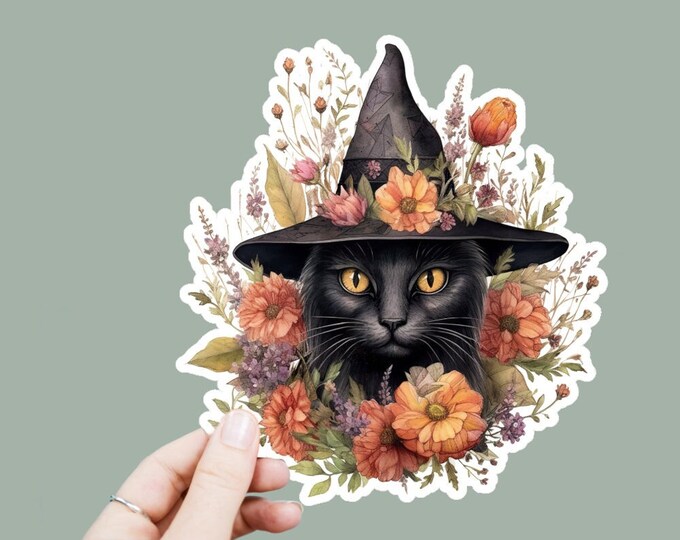 Witchy Black Cat Vinyl Decal, Satin Finish Sticker, Floral Black Cat Laptop Sticker, Window Decal, Water Bottle Decal, 4 Sizes to Choose