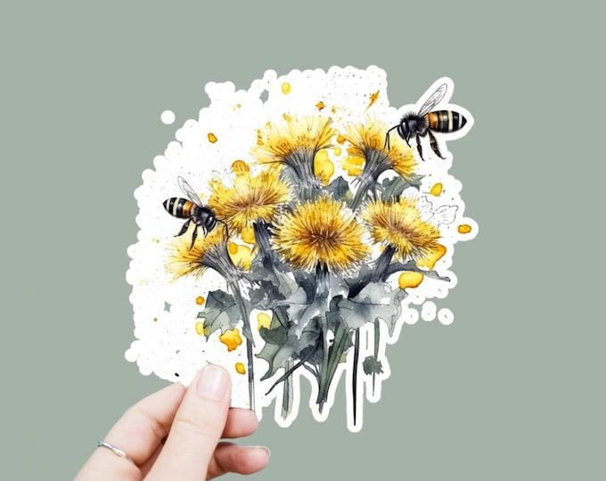 Honeybee Dandelion Vinyl Decal, Satin Finish Boho Floral Sticker, Laptop Sticker, Window Decal, Water Bottle Decal, 4 Sizes To Choose From