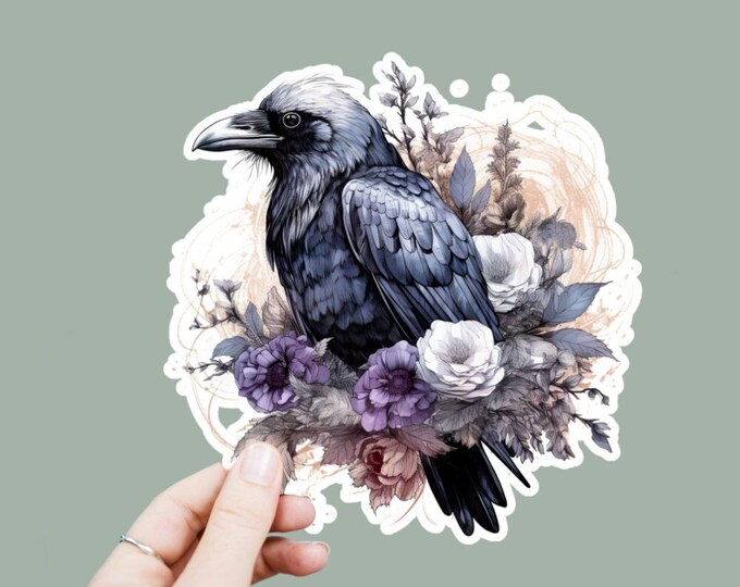 Witchy Raven Vinyl Decal, Satin Finish Sticker, Boho Floral Black Raven Bird Laptop Sticker, Window Decal, Water Bottle Decal, 4 Sizes