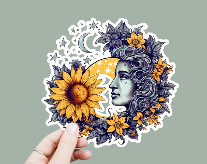 Celestial Vinyl Decal, Satin Finish Sticker, Sun Moon Flowers Laptop Sticker, Window Decal, Water Bottle Decal, 4 Sizes to Choose From