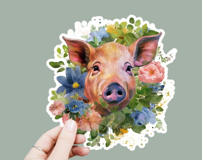 Floral Piggy Vinyl Decal, Satin Finish Boho Animal Pig Sticker, Laptop Sticker, Window Decal, Water Bottle Decal, 4 Sizes To Choose From