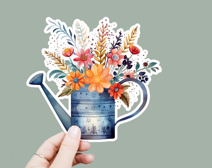 Floral Watering Can Vinyl Decal, Satin Finish Boho Garden Sticker, Laptop Sticker, Window Decal, Water Bottle Decal, 4 Sizes To Choose From