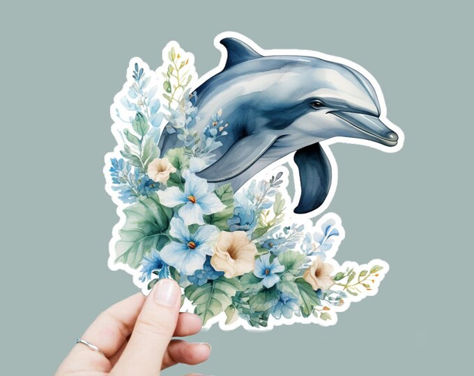 Watercolor Dolphin Decal, Satin Finish Sticker, Boho Floral Dolphin Sticker Laptop Sticker, Window Decal, Water Bottle Decal, 4 Sizes