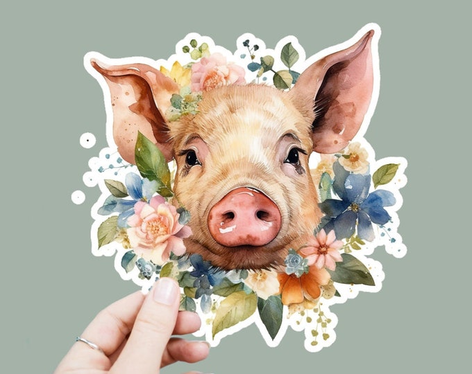 Floral Piggy Vinyl Decal, Satin Finish Boho Animal Pig Sticker, Laptop Sticker, Window Decal, Water Bottle Decal, 4 Sizes To Choose From