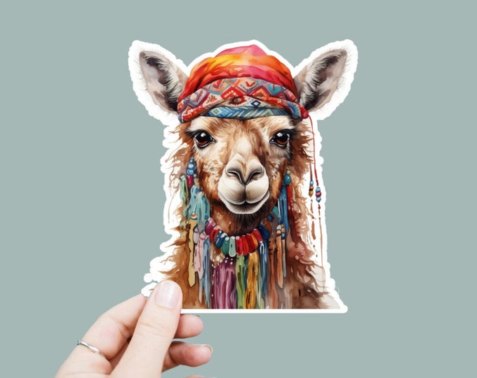 Hippie Llama Decal, Satin Finish Sticker, Boho Watercolor Animal Sticker Laptop Sticker, Window Decal, Water Bottle Decal, 4 Sizes