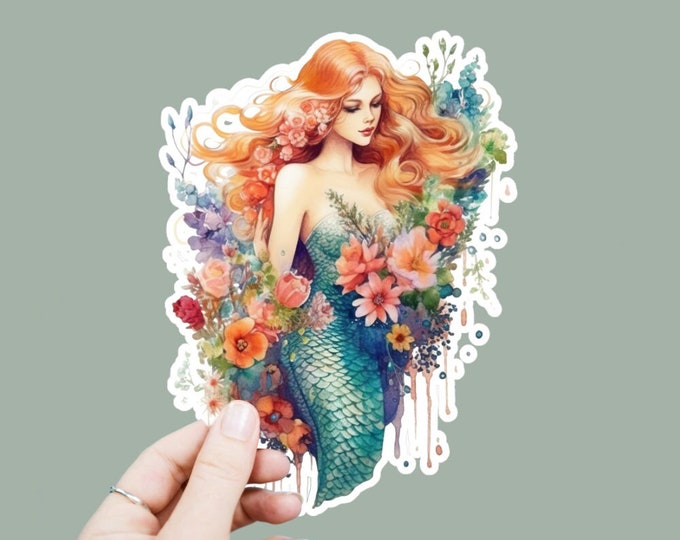 Underwater Mermaid Vinyl Decal, Satin Finish Boho Mermaid Sticker, Laptop Sticker, Window Decal, Water Bottle Decal, 4 Sizes To Choose From