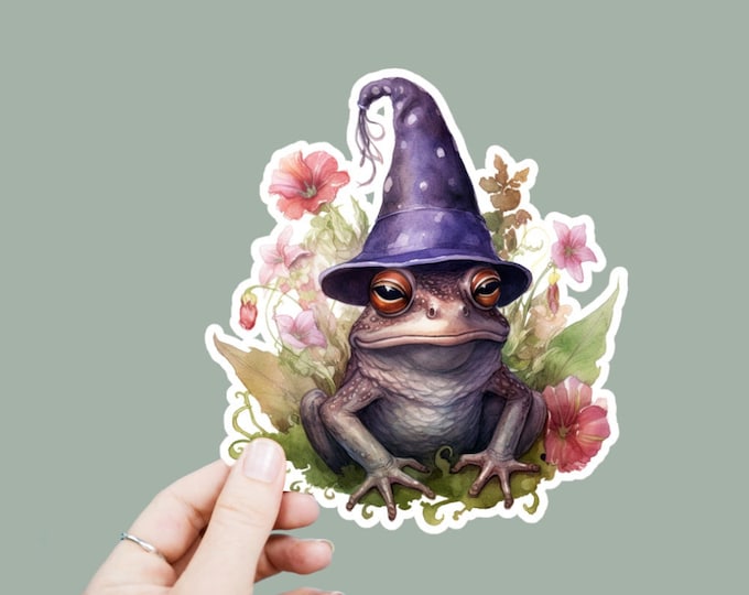 Witchy Frog Vinyl Decal, Satin Finish Boho Witchy Frog with Hat Sticker, Laptop Sticker, Window Decal, Water Bottle Decal, 4 Sizes