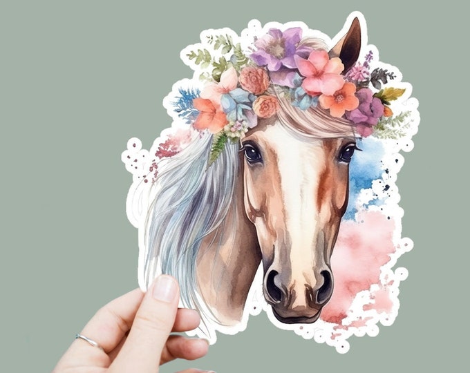 Watercolor Horse Vinyl Decal, Satin Finish Boho Floral Horse Sticker, Laptop Sticker, Window Decal, Water Bottle Decal, 4 Sizes