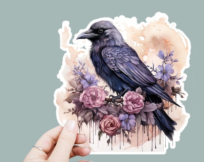 Watercolor Crow Floral Decal, Satin Finish Sticker, Boho Witchy Sticker Laptop Sticker, Window Decal, Water Bottle Decal, 4 Sizes