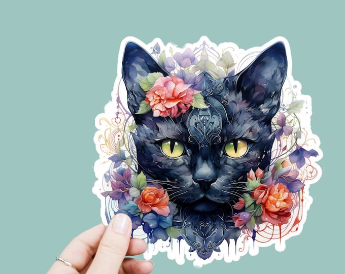 Watercolor Black Cat Roses Vinyl Decal, Satin Finish Boho Animal Cat Sticker, Laptop Sticker, Window Decal, Water Bottle Decal, 4 Sizes