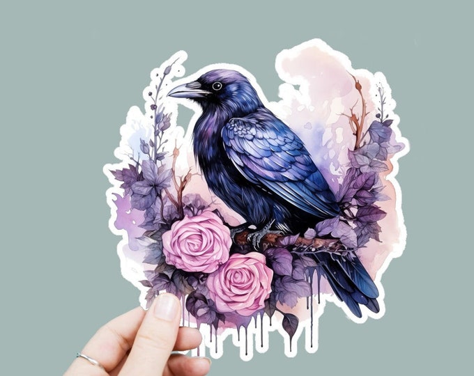 Watercolor Crow Floral Decal, Satin Finish Sticker, Boho Witchy Sticker Laptop Sticker, Window Decal, Water Bottle Decal, 4 Sizes