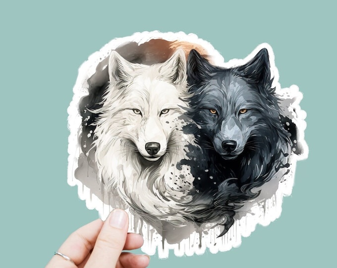 Watercolor Yin Yang Wolves Vinyl Decal, Satin Finish Boho Animal Wolf Sticker, Laptop Sticker, Window Decal, Water Bottle Decal, 4 Sizes