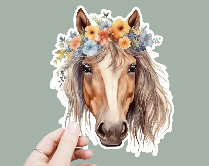 Floral Horse Vinyl Decal, Satin Finish Boho Horse Animal Sticker, Laptop Sticker, Window Decal, Water Bottle Decal, 4 Sizes to Choose From