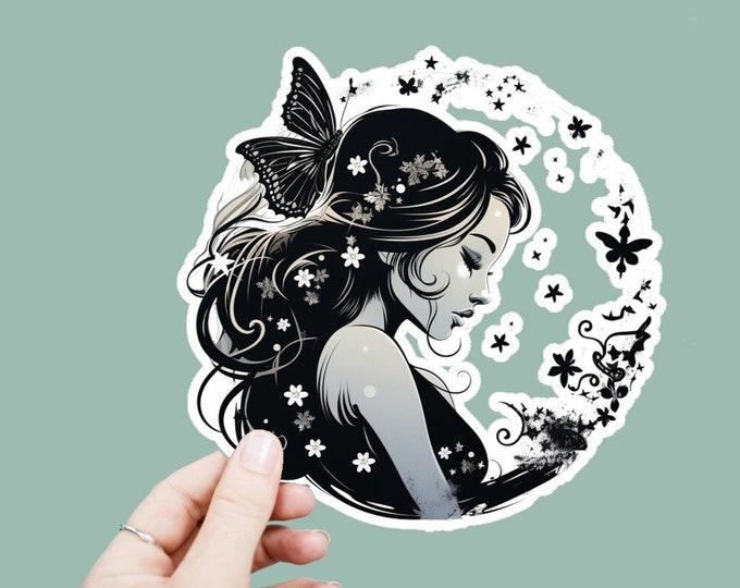 Watercolor Celestial Vinyl Decal, Satin Finish Boho Moon Fairy Floral Sticker, Laptop Sticker, Window Decal, Water Bottle Decal, 4 Sizes