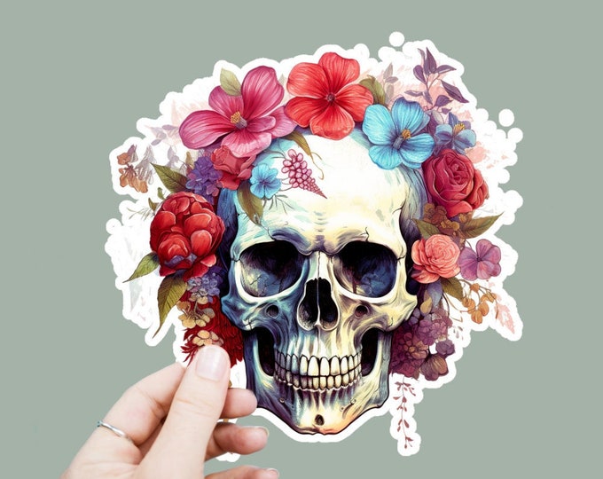Floral Skull Vinyl Decal, Satin Finish Sticker, Floral Boho Skull Laptop Sticker, Window Decal, Water Bottle Decal, 4 Sizes to Choose
