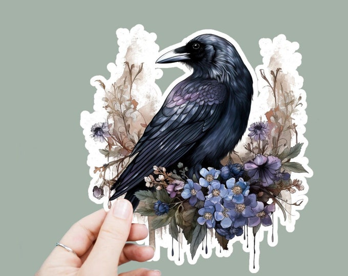 Witchy Raven Vinyl Decal, Satin Finish Sticker, Floral Black Raven Laptop Sticker, Window Decal, Water Bottle Decal, 4 Sizes to Choose From