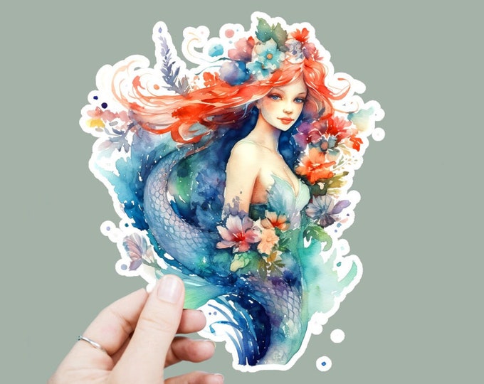 Underwater Mermaid Vinyl Decal, Satin Finish Boho Mermaid Sticker, Laptop Sticker, Window Decal, Water Bottle Decal, 4 Sizes To Choose From