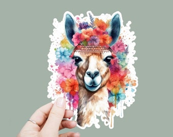 Floral Llama Vinyl Decal, Satin Finish Boho Animal Sticker, Laptop Sticker, Window Decal, Water Bottle Decal, 4 Sizes To Choose From